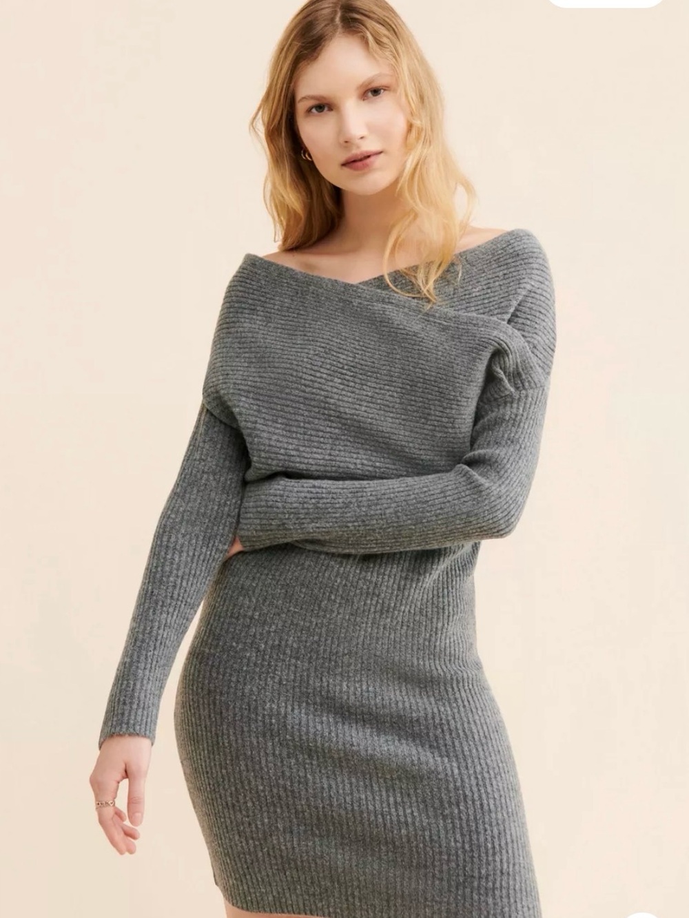Off-the-Shoulder Ribbed Sweater Dress - Gray